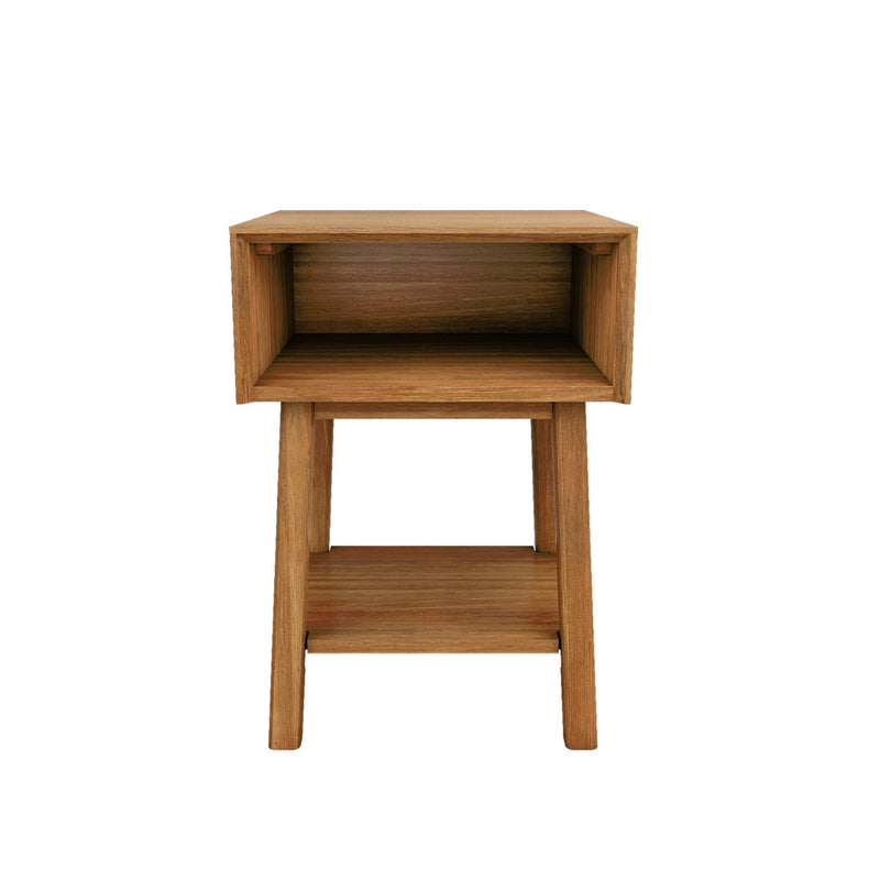 Natural oak bedside nightstand with open cubby and lower shelf, mid-century modern wooden side table for bedroom