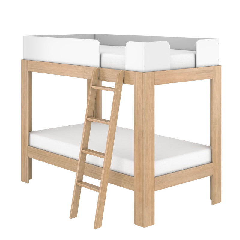 Natural oak loft bed with ladder and white safety guard rails, twin mattress platform, space-saving kids' bedroom furniture