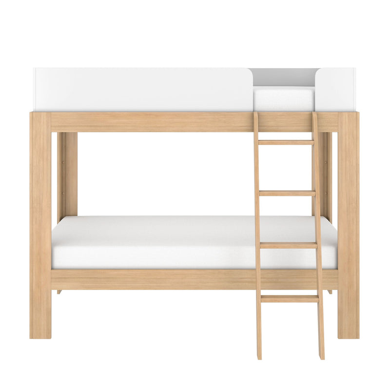 Natural oak wooden loft bed with white safety guardrail and ladder, modern space-saving bunk bed design