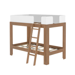 Loft bed frame with ladder in wood finish for kids' bedroom.