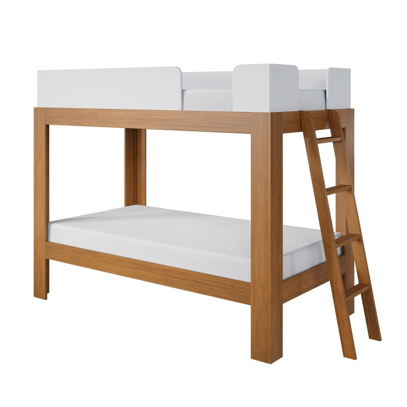 Modern solid wood loft bunk bed with ladder and white safety rails, twin-size mattress and minimalist children's bedroom furniture