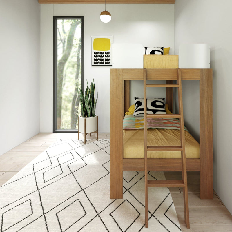 Modern kids room with wooden bunk bed, geometric rug, and indoor plant.