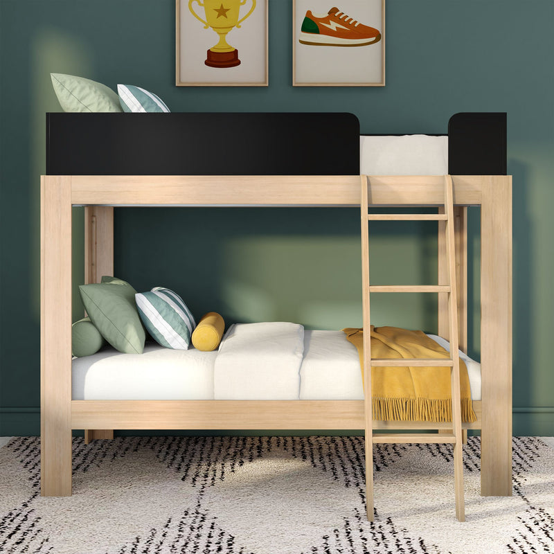 Modern wooden loft bunk bed with ladder, green accent wall, striped pillows and yellow throw in children's bedroom