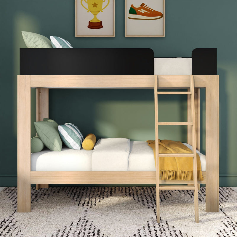Modern wooden loft bunk bed with ladder, green accent wall, striped pillows and yellow throw in children's bedroom