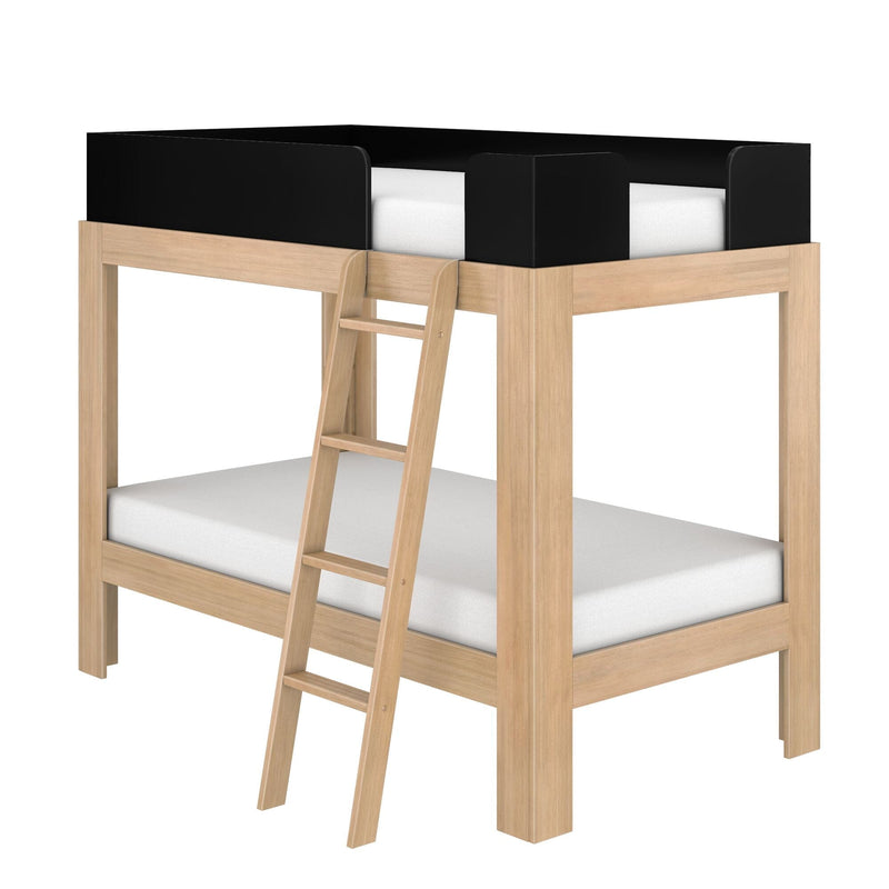 Natural wood loft bed with ladder and black safety guardrails, elevated platform bed frame with white mattress in modern minimalist style