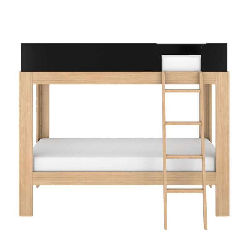 Natural oak loft bed with ladder and black safety guardrail — modern wooden bunk bed frame with twin mattresses