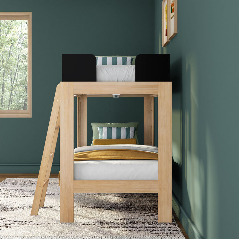 Natural wood loft bunk bed with ladder and black guard rails in teal bedroom, striped pillows and mustard throw