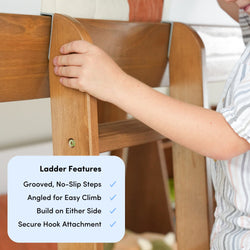 Child holding wooden ladder with safety features including grooved no-slip steps and secure hook attachment.