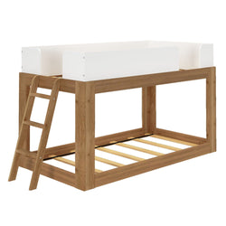 Wooden kids bunk bed with ladder and white panel, perfect for small bedrooms.