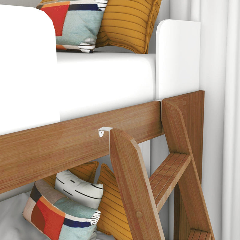 Wooden bunk bed ladder and frame with colorful pillows and white mattress in modern space-saving bedroom