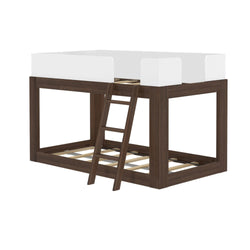 Kid's loft bed frame with ladder in dark wood finish and white accents.