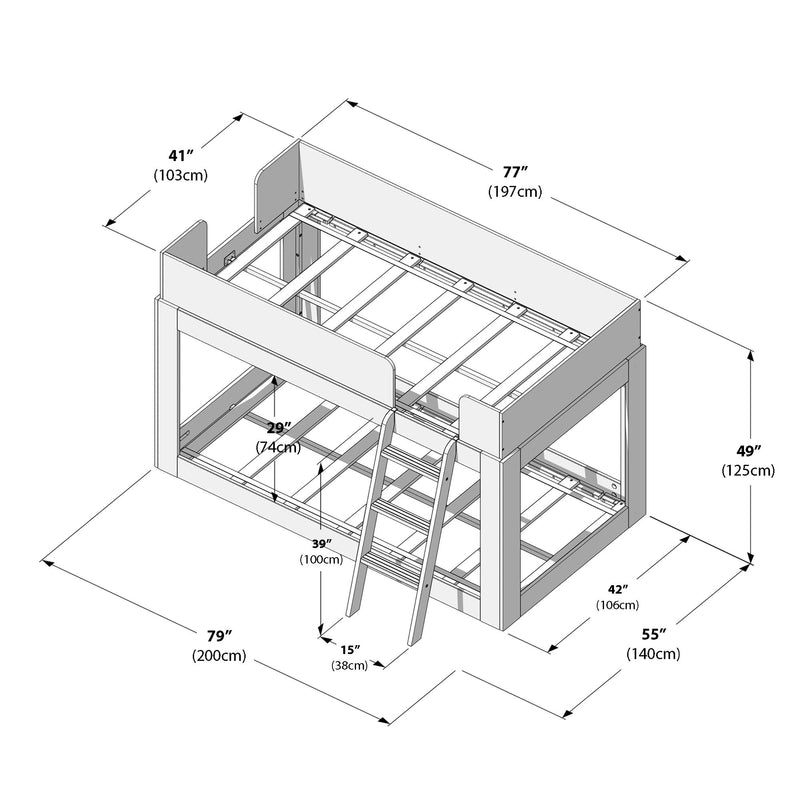 Assembly diagram of a wooden twin-over-twin bunk bed with ladder and slatted mattress supports, labeled dimensions in inches and centimeters — footprint 79" (200 cm) x 55" (140 cm), height 49" (125 cm), top bunk length 77" (197 cm).