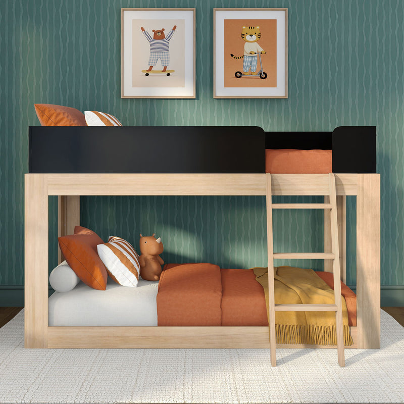 Children's wooden bunk bed with orange bedding and pillows, teal textured wallpaper, ladder and framed animal wall art, cozy kids bedroom decor