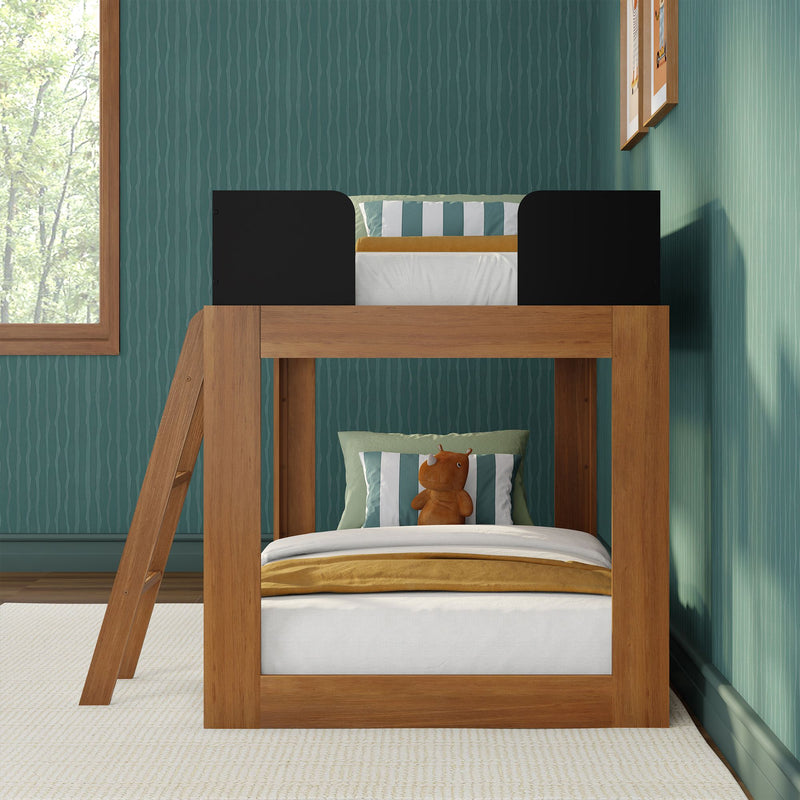 Wooden loft bunk bed with ladder and black guard rails, teal textured wallpaper, striped pillows and plush toy in kids' bedroom