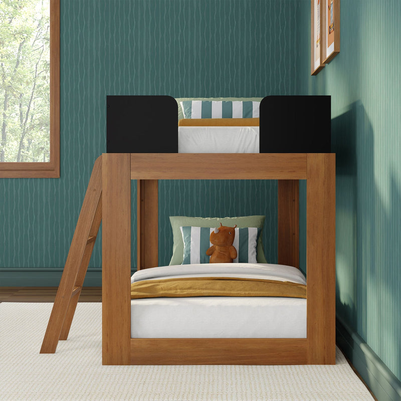 Wooden loft bunk bed with ladder and black guard rails, teal textured wallpaper, striped pillows and plush toy in kids' bedroom