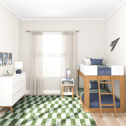 Modern kids' bedroom with loft bed, checkered green carpet, and minimalist decor.