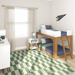 Modern kids' bedroom with wooden bunk beds, green and white checkered rug, and natural light.