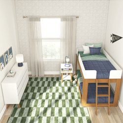 Modern kids bedroom with loft bed, green and blue bedding, geometric rug, dresser, and natural light.