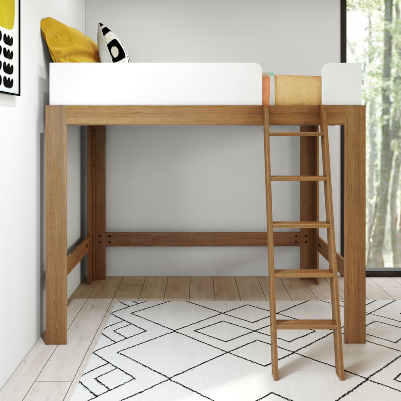 Modern oak loft bed with ladder and white safety rail, styled with yellow and black cushions and geometric rug in a minimalist kids' bedroom