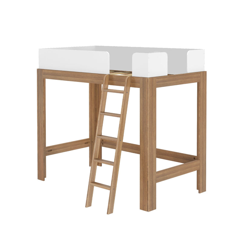 Natural oak wooden loft bed with ladder and white guardrails, space-saving kids high sleeper bed for small bedrooms and children's rooms