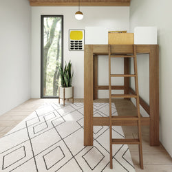 Modern minimalist loft bedroom with wooden loft bed and geometric rug.