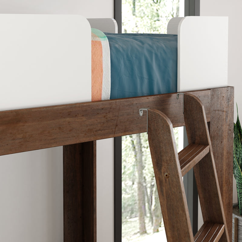 Rustic wooden ladder for kids' bunk bed with white safety guardrail, blue bedding and natural window light