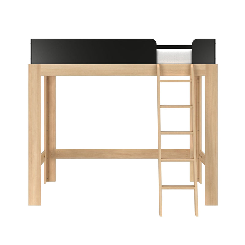 Minimalist natural wood loft bed with ladder and black safety guardrail, modern space-saving bedroom furniture