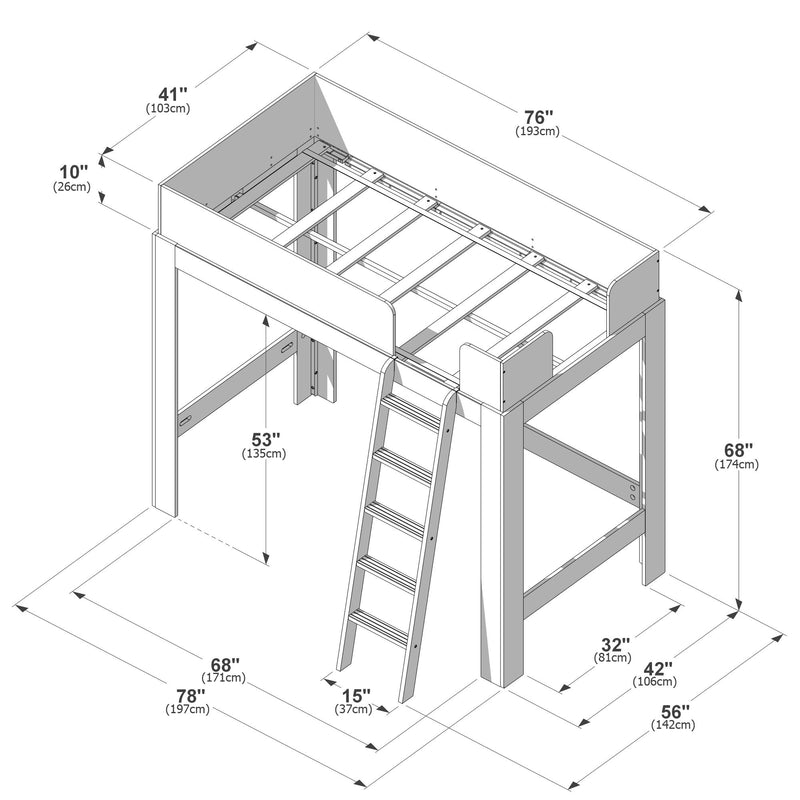 Technical schematic of a wooden loft bed with ladder and guardrails showing detailed loft bed dimensions and measurements in inches and centimeters