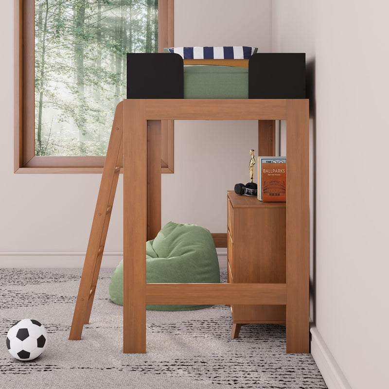 Wooden kids loft bed with ladder, green bean bag, soccer ball, bookshelf with books and trophy, window with forest view