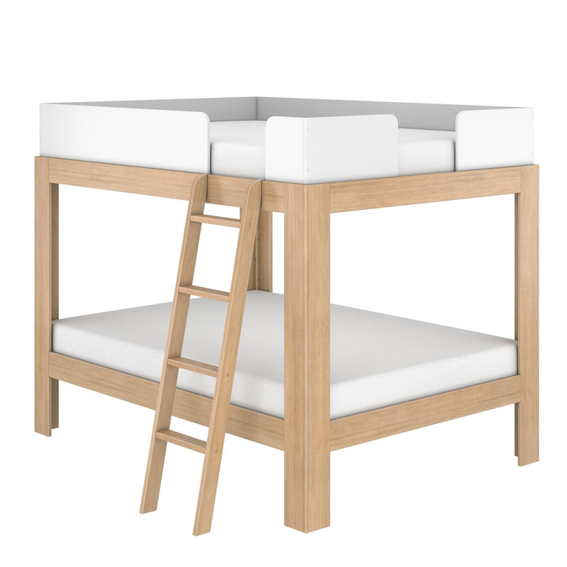 Modern twin loft bed with natural oak frame, built-in ladder and white safety guardrails — space-saving kids' bunk bed for small bedrooms