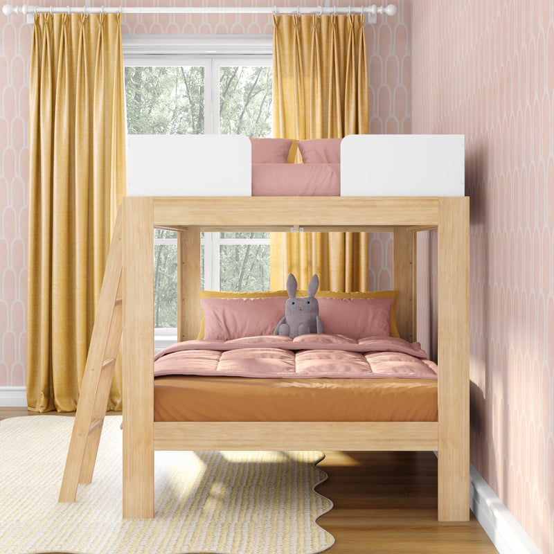 Wooden loft bunk bed with pink bedding and stuffed rabbit, mustard yellow curtains and pink patterned wallpaper in cozy children's bedroom