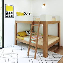 Modern wooden bunk bed with yellow and black pillows in a minimalist bedroom.