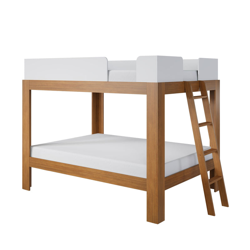 Natural wood loft bunk bed with integrated ladder and white safety guardrails, modern two-level bed frame with mattresses