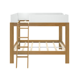 Modern wooden loft bed with white safety railings and ladder, perfect for optimizing bedroom space for storage or study.