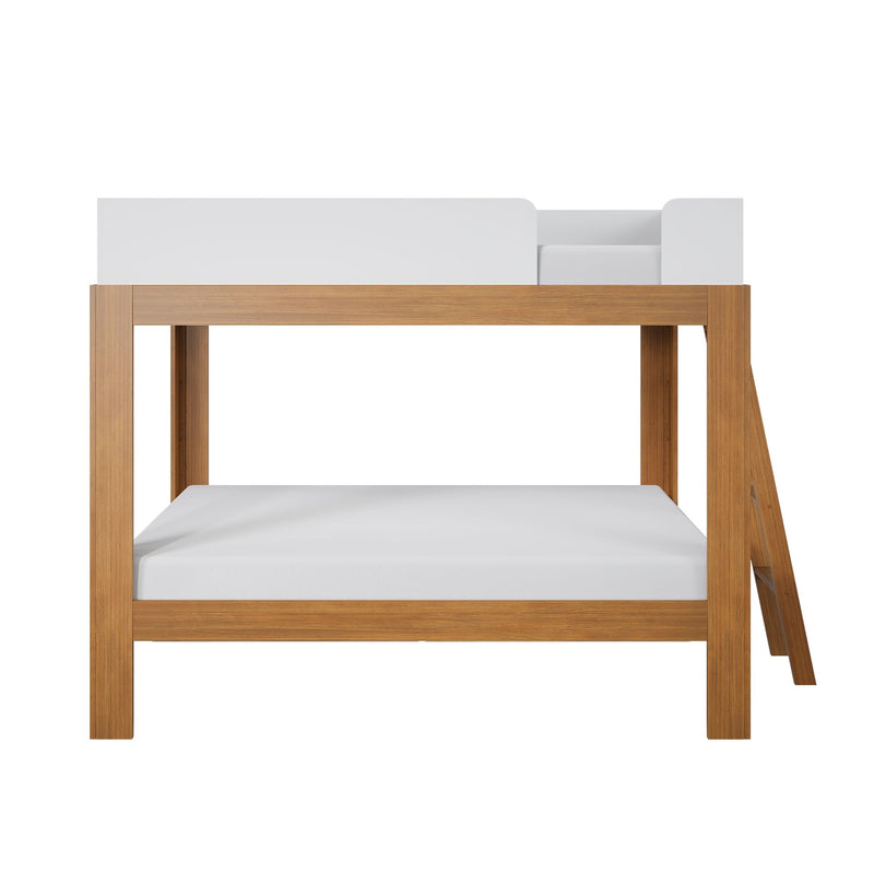 Modern oak loft bed with white guardrail and mattress, minimalist kids bunk bed with ladder and natural wood finish
