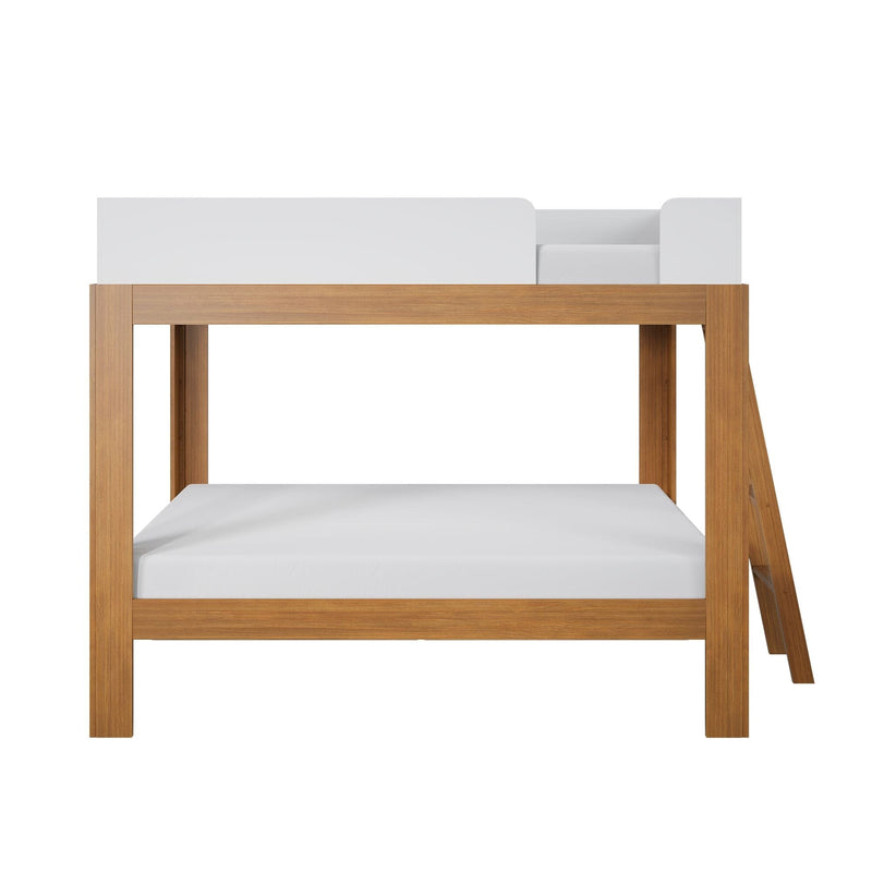 Modern natural oak loft bed with white safety guardrail and twin mattress, minimalist wooden bunk bed frame for kids' bedroom