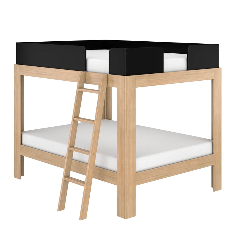 Natural wood loft bed with black guard rails and ladder, twin white mattress — modern space‑saving high sleeper for kids' bedroom