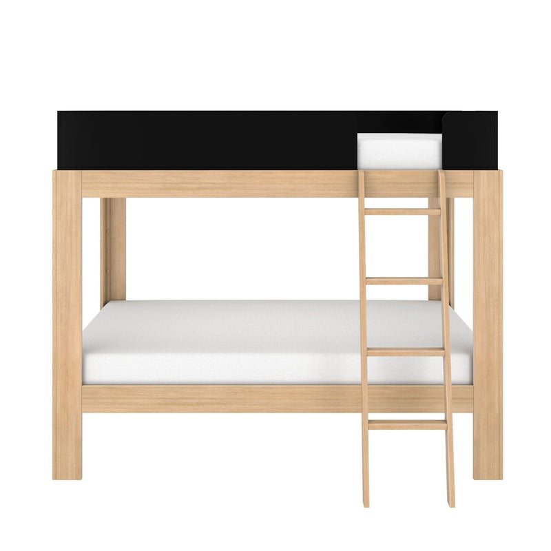 Modern natural wood loft bed with ladder and black safety rail over white mattress, minimalist kids' bunk bed for small spaces