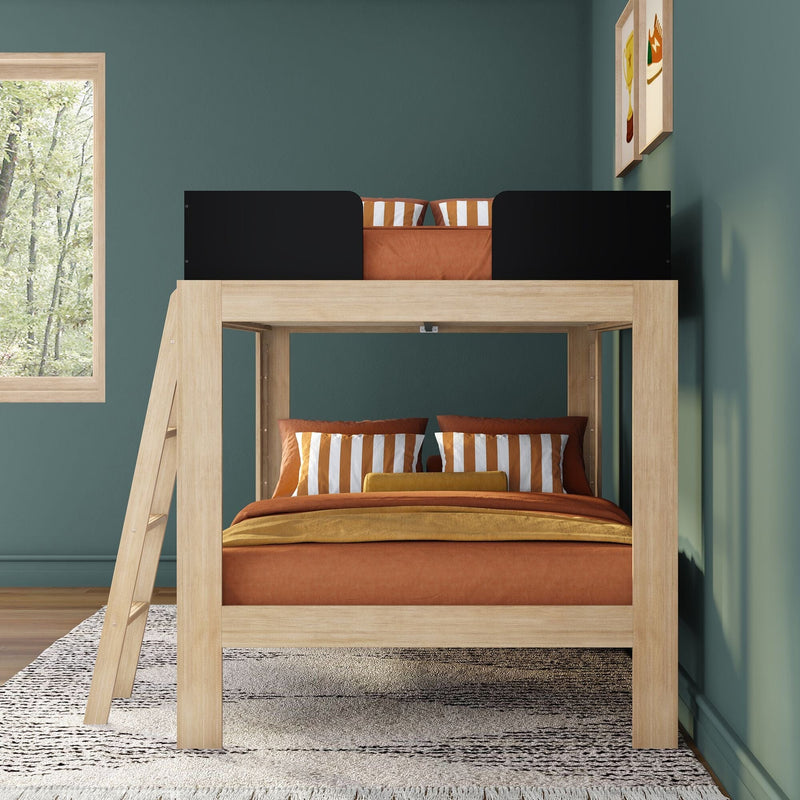 Light wood loft bunk bed with ladder, orange bedding and striped pillows against a teal wall in a modern kids' bedroom by a window and framed art
