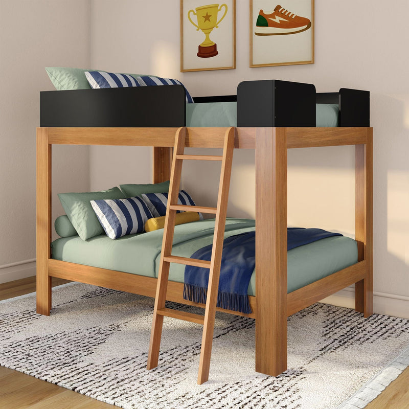 Loft-style wooden bunk bed with ladder, black guard rails, green bedding and blue-striped pillows in a modern kids' bedroom with framed wall art