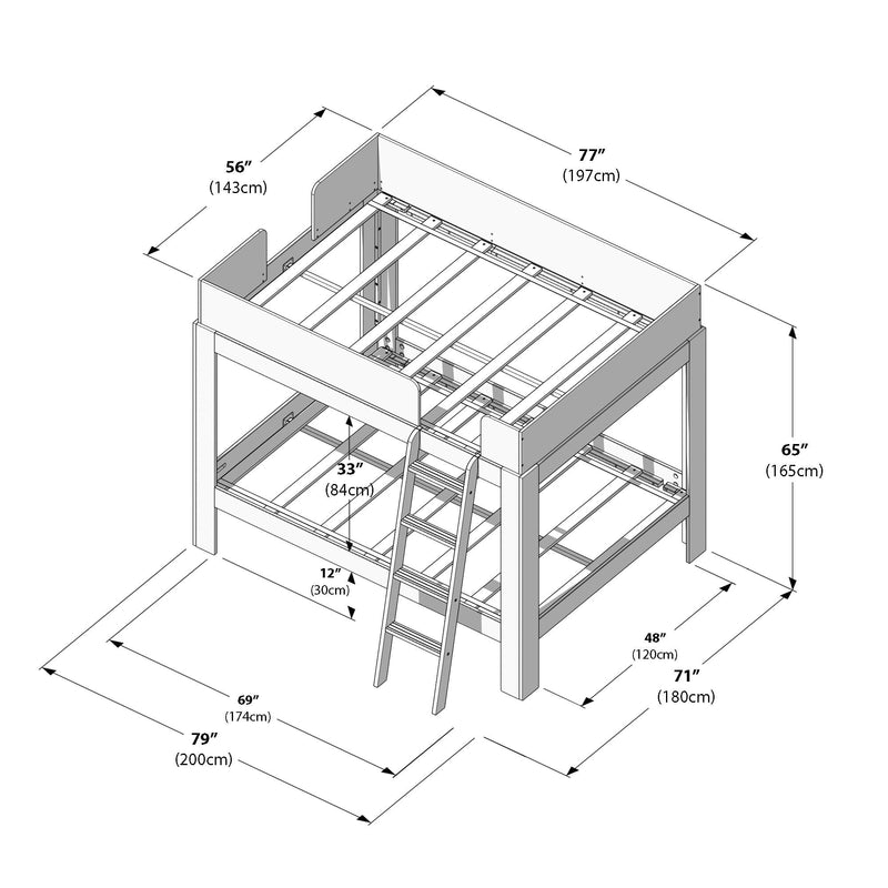 Bunk loft bed assembly diagram showing ladder, slats and frame with detailed measurements in inches and centimeters (77", 71", 69", 56", 65", 33")