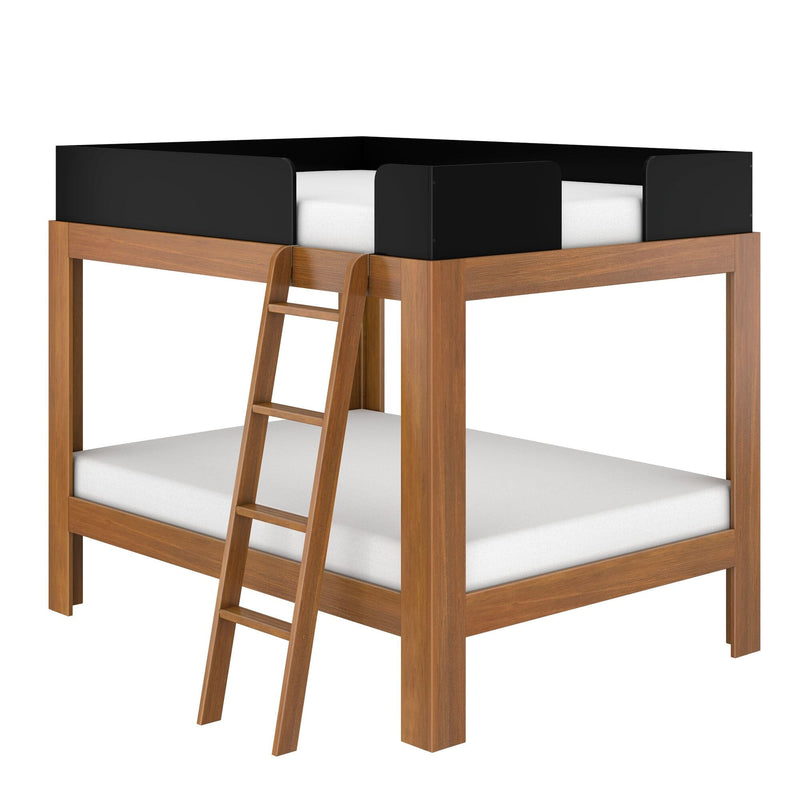 Natural oak twin loft bed with ladder, white mattresses and black safety rails — modern kids' space-saving bed frame