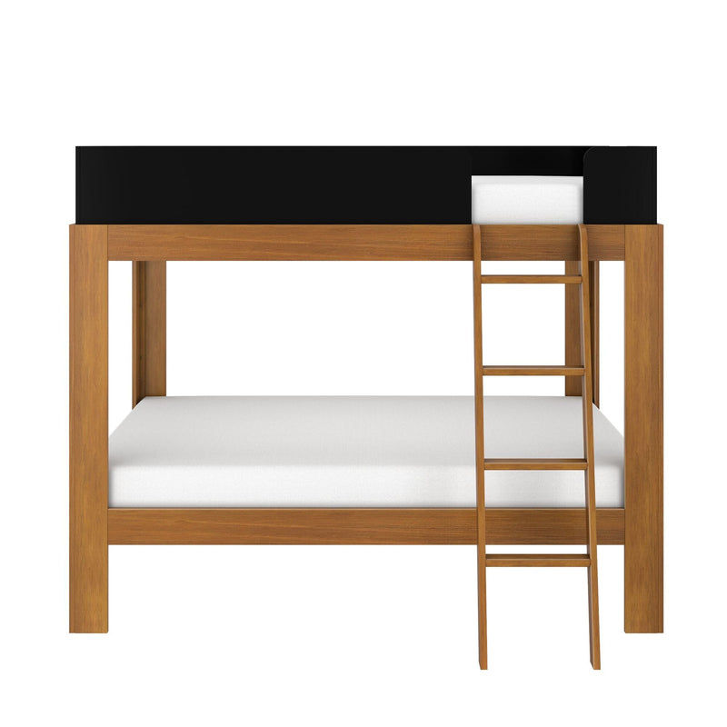 Natural oak loft bed with ladder and black guardrail, twin platform bunk bed — modern space-saving kids' bedroom furniture