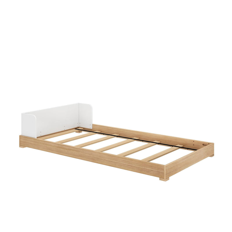 Modern wooden platform bed frame with slatted base and white curved headboard in natural oak finish, minimalist design, mattress not included