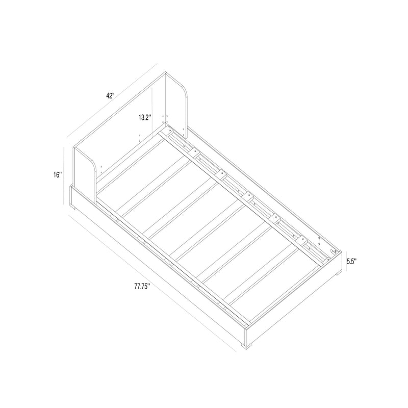 Technical line drawing of a queen-size platform bed frame assembly with slatted support, center rail and headboard, annotated dimensions for product listing and assembly (77.75" length, 42" headboard width, 16" footboard height, 5.5" base)