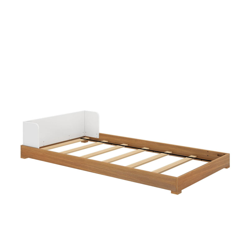 Wood-finish platform bed frame with slatted base and white headboard guard, minimalist modern bedroom furniture on a white background