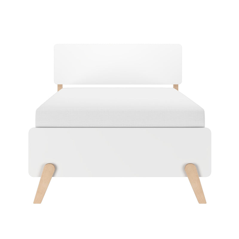 Minimalist white upholstered platform bed and headboard with light wood legs, modern Scandinavian bedroom furniture on white background