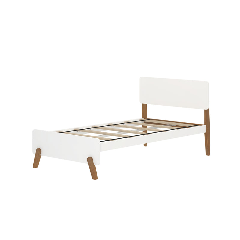 White twin bed frame with wooden legs and slatted platform, modern minimalist bedroom furniture