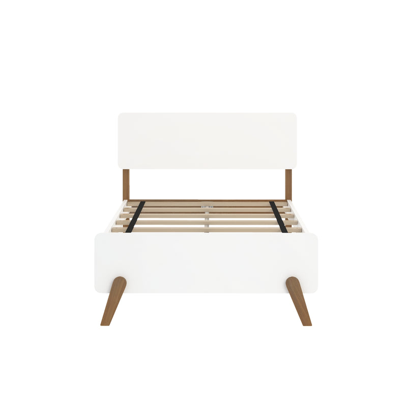 Mid-century modern white platform bed frame with slatted wood support and tapered wooden legs