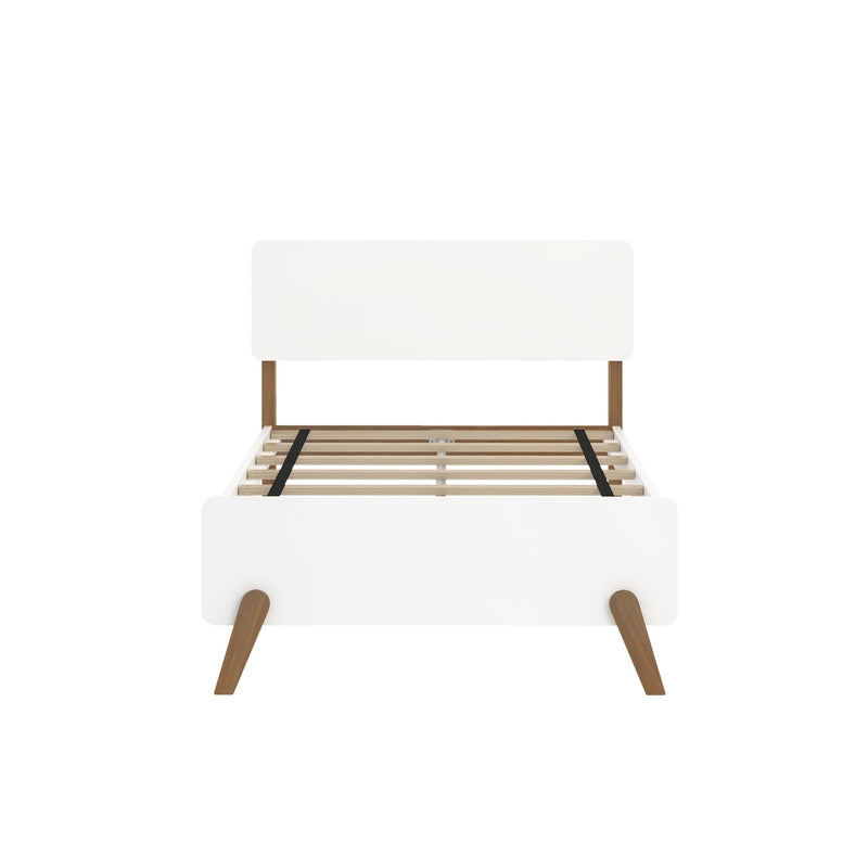 White mid-century modern platform bed frame with slatted wooden base, walnut angled legs and minimalist headboard on white background